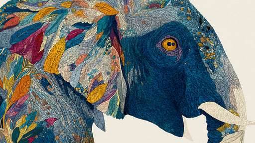 Close up of an elephant profile made of intricate feather and line art patterns in sapphire, orange, and yellow