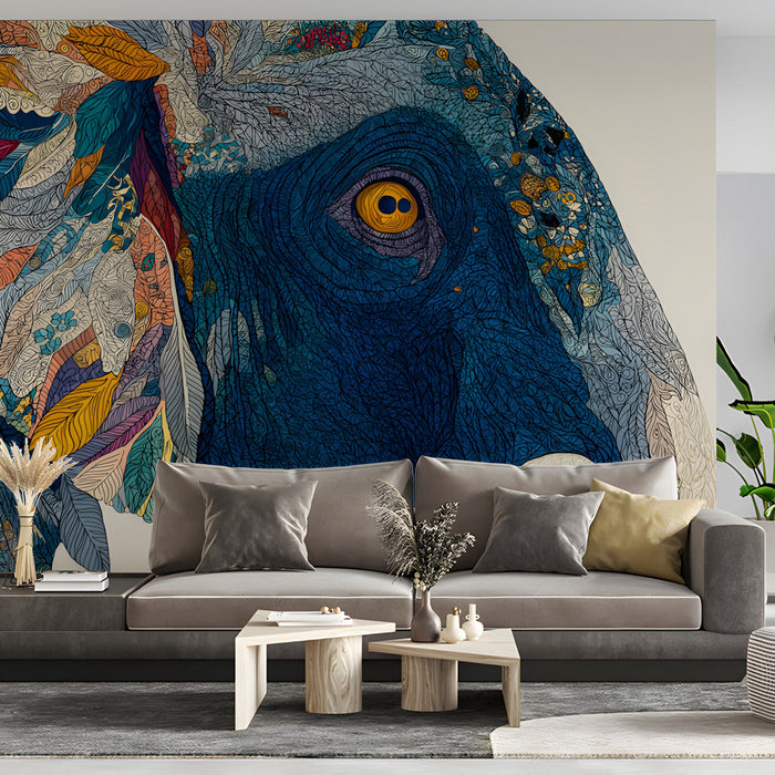 Whimsical living room with colorful abstract elephant wildlife wallpaper