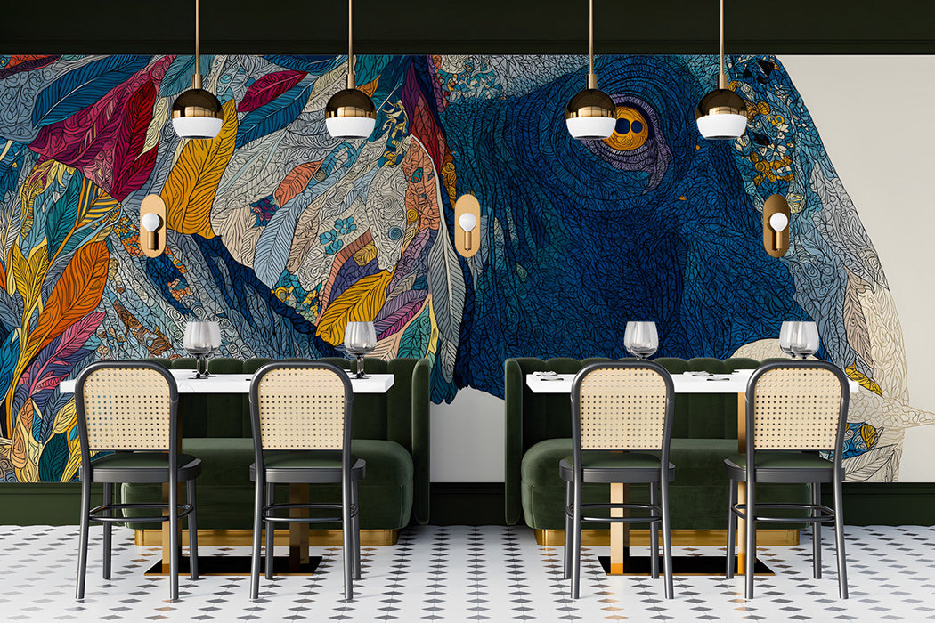 Modern restaurant featuring a statement elephant wall mural behind a neutral cream sofa