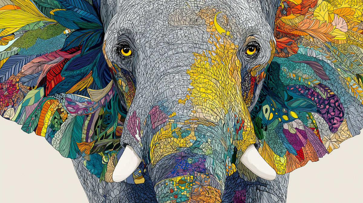 Close up of an elephant portrait composed of colorful mosaic tiles and vibrant abstract feathers