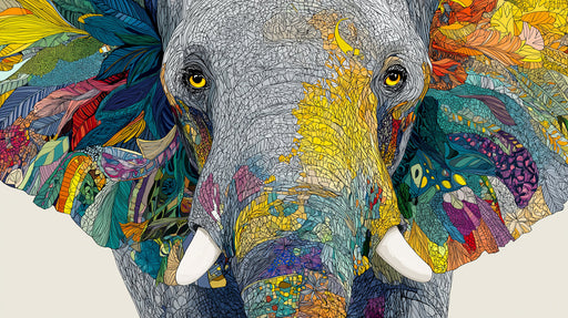 Close up of an elephant portrait composed of colorful mosaic tiles and vibrant abstract feathers