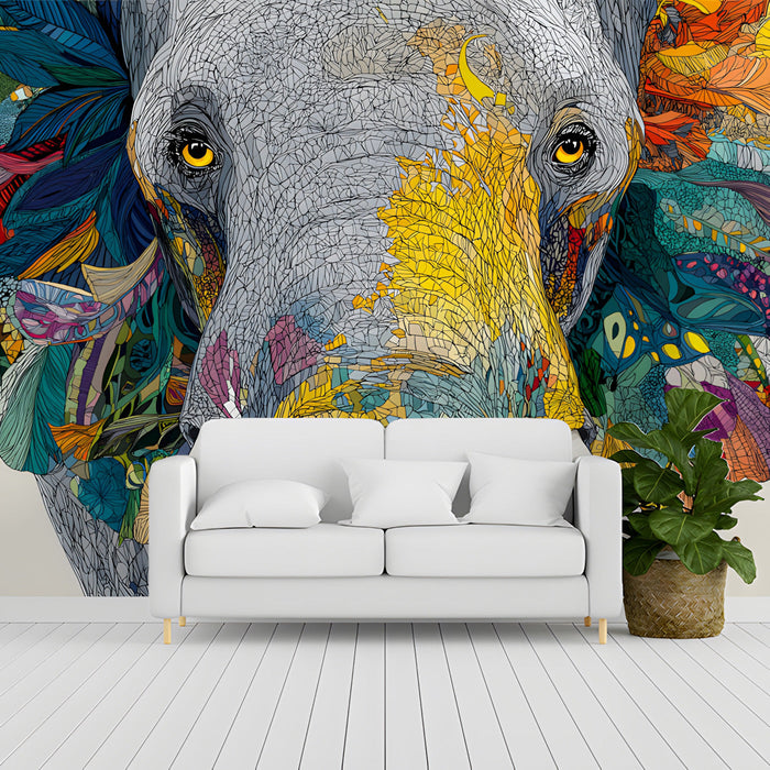 Creative entryway decorated with a vibrant animal mosaic wallpaper mural