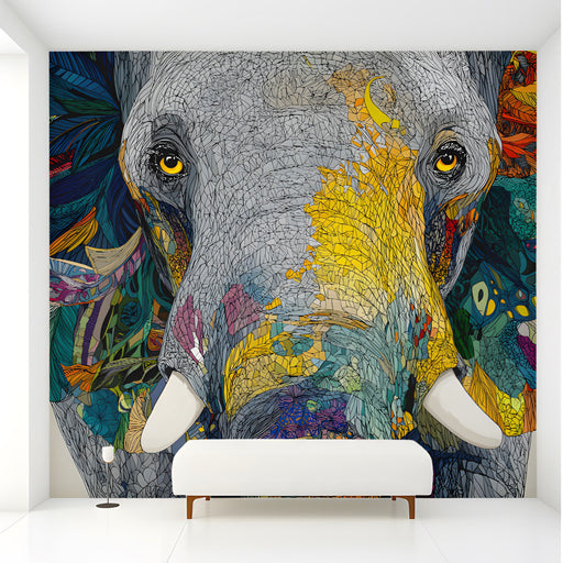 Living room interior featuring a large colorful mosaic elephant wall mural behind a modern sofa