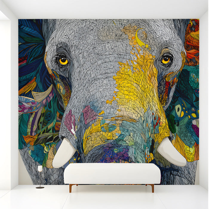 Living room interior featuring a large colorful mosaic elephant wall mural behind a modern sofa