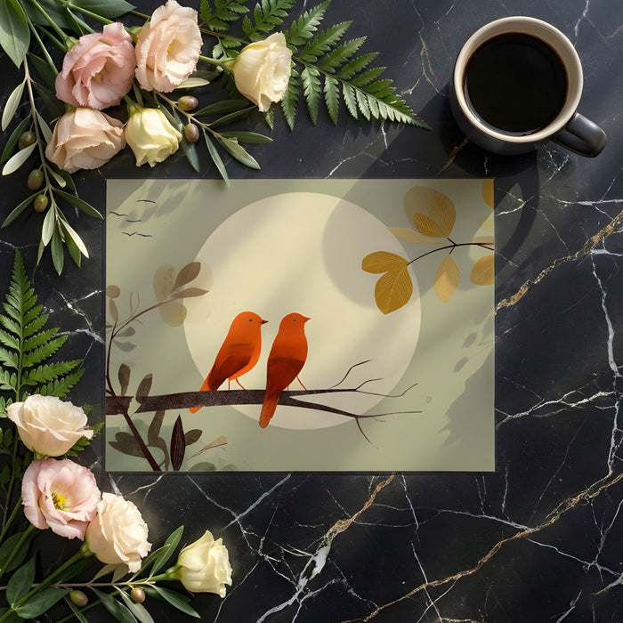 Bright dining room with a bird-themed mural wall and light oak wooden furniture