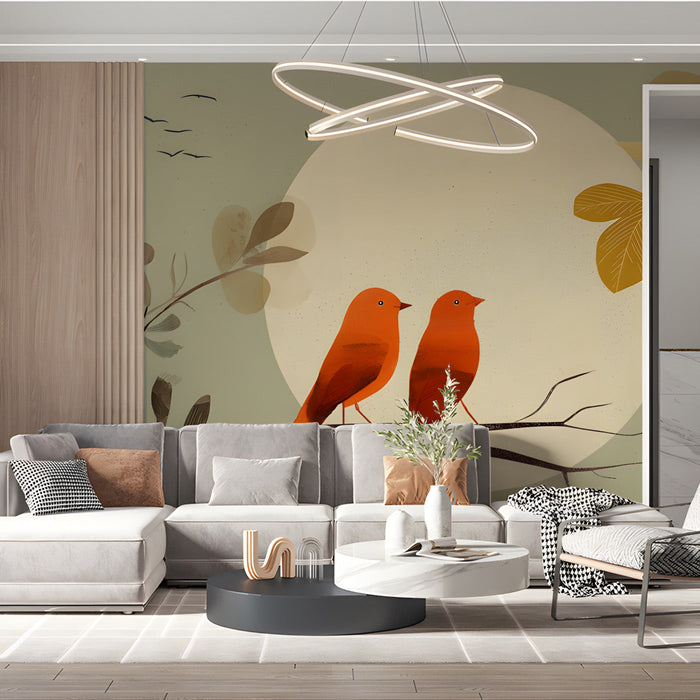 Cozy living room with whimsical bird wallpaper and soft neutral decor