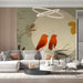 Cozy living room with whimsical bird wallpaper and soft neutral decor