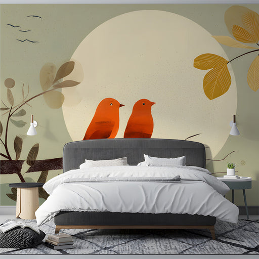 Modern bedroom featuring the sunlit songbirds mural as a calm headboard feature wall