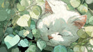 An illustrative wallpaper design showing a white cat sleeping inside a thick patch of green leaves with painterly textures.