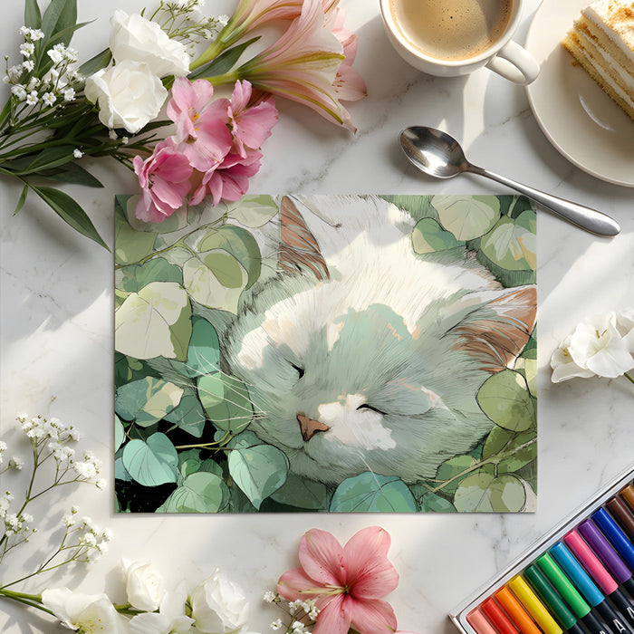 A serene bedroom with a botanical cat wall mural, complemented by light wooden accents and indoor plants.