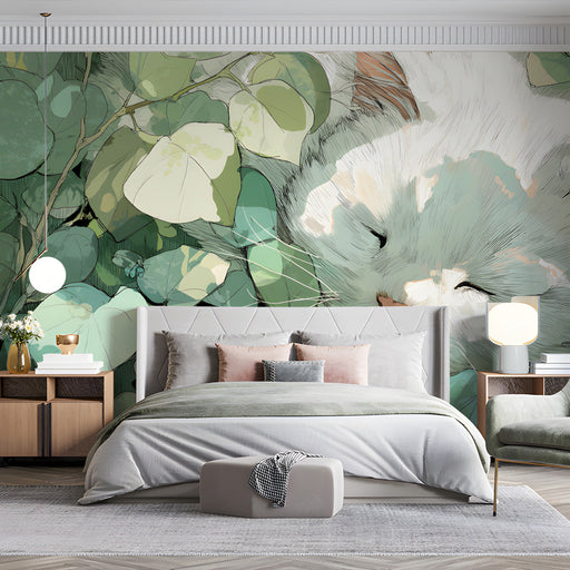 A cozy bedroom featuring a peaceful cat mural on the wall, styled with neutral furniture and soft lighting.