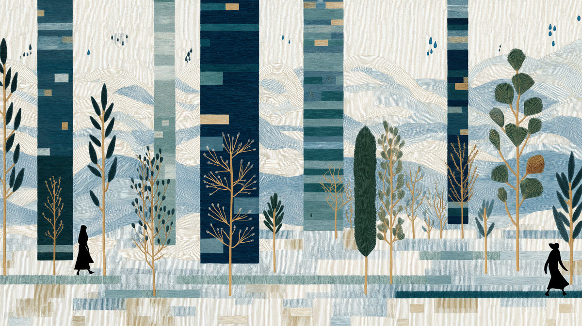 Abstract forest mural with vertical navy columns, delicate line-art mountains, and ochre tree accents on a textured cream background