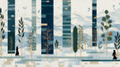 Abstract forest mural with vertical navy columns, delicate line-art mountains, and ochre tree accents on a textured cream background