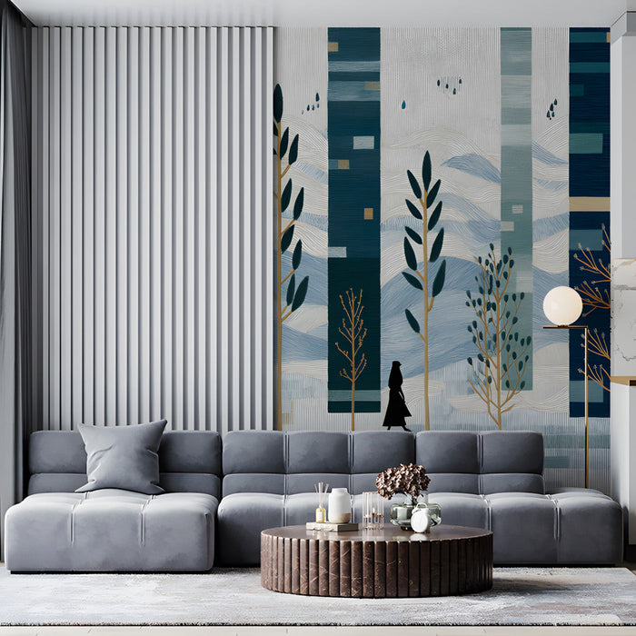Contemporary living room wall covered in a stylized blue forest mural, paired with a soft beige sofa and floor plants