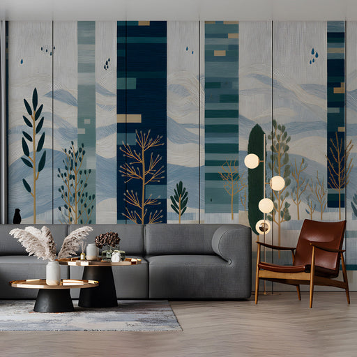 Modern commercial space featuring a serene abstract forest mural, styled with a minimalist wooden bed frame and navy bedding
