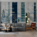 Modern commercial space featuring a serene abstract forest mural, styled with a minimalist wooden bed frame and navy bedding
