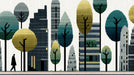 Pixelated urban pattern with charcoal buildings, teal and ochre trees, and a silhouette figure on a white background.