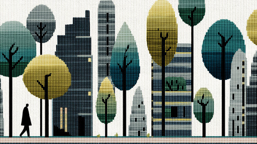 Pixelated urban pattern with charcoal buildings, teal and ochre trees, and a silhouette figure on a white background.