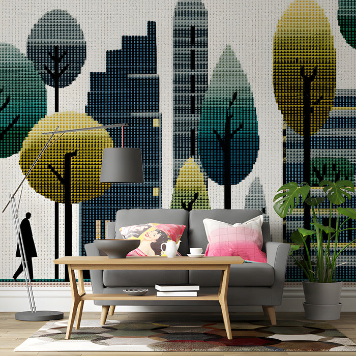 Creative studio space decorated with an abstract pixel tree and building wallpaper design.