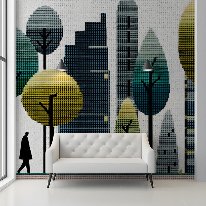 Modern home office featuring a pixelated city wall mural with minimalist desk and neutral furniture.