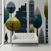 Modern home office featuring a pixelated city wall mural with minimalist desk and neutral furniture.