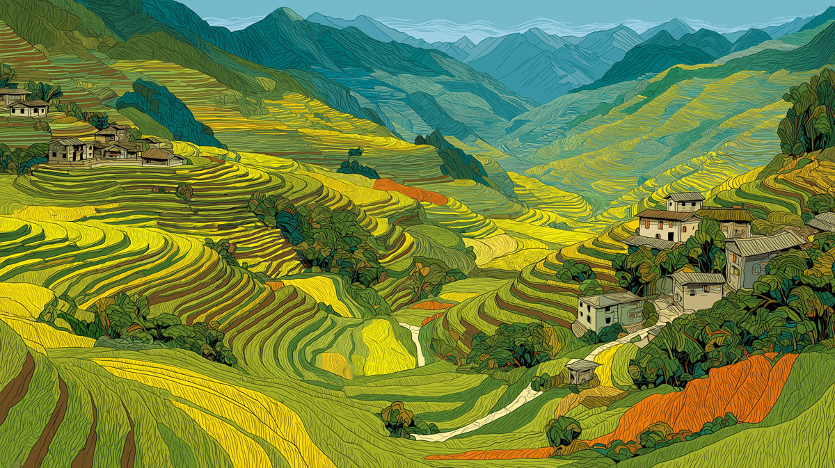 Hand-drawn landscape mural of golden terraced mountain fields and hillside village