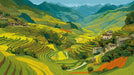 Hand-drawn landscape mural of golden terraced mountain fields and hillside village