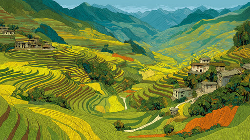 Hand-drawn landscape mural of golden terraced mountain fields and hillside village