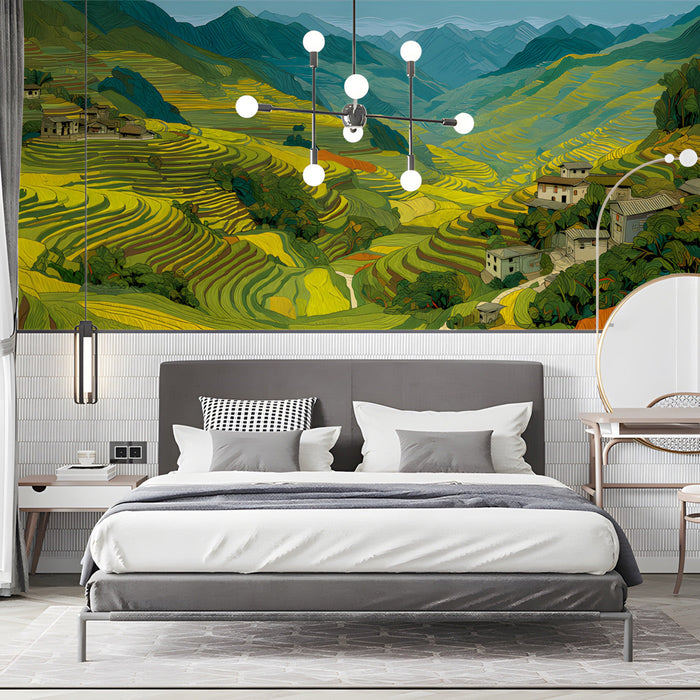 Bedroom interior decorated with a vibrant, illustrated mountain scenery mural