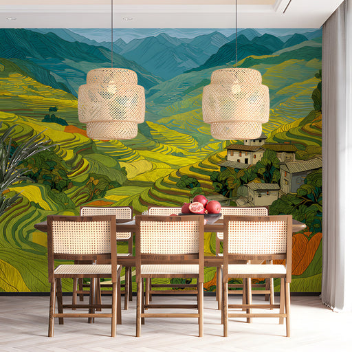 Dining room featuring a mountain landscape feature wall behind a minimalist sofa