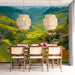 Dining room featuring a mountain landscape feature wall behind a minimalist sofa