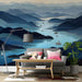 A sophisticated home office space featuring a serene blue landscape wall mural for focus