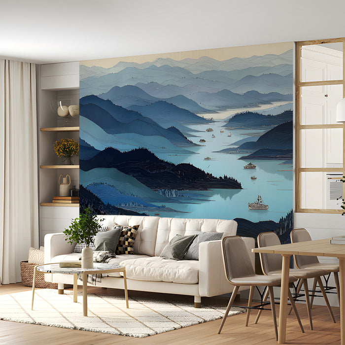 A contemporary living room interior featuring a blue mountain landscape wallpaper as a feature wall