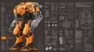 Industrial mecha robot blueprint with technical drawings in orange and white on a charcoal background