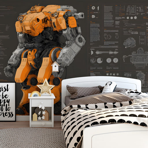 Masculine bedroom featuring a technical mecha schematic wallpaper