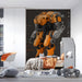 Modern bedroom featuring a mecha blueprint wall mural behind a minimalist desk