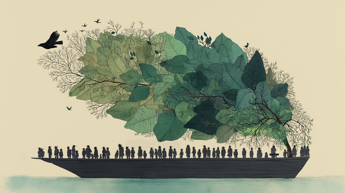 Whimsical illustration of a boat carrying a dense green forest canopy with birds and silhouetted figures on a cream background