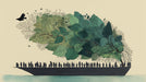 Whimsical illustration of a boat carrying a dense green forest canopy with birds and silhouetted figures on a cream background