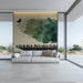 Whimsical forest boat pattern in a minimalist dining room with warm lighting