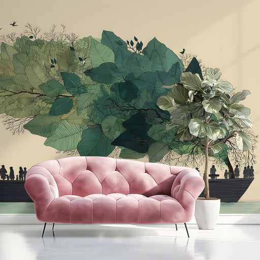 Floating forest wallpaper installed in a modern living room behind a low profile charcoal sofa