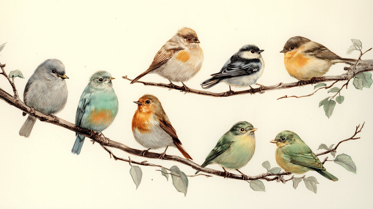 A collection of detailed songbirds in blue, green, and ochre perched on slender hand-drawn branches against a white background.