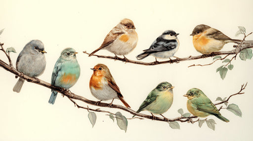 A collection of detailed songbirds in blue, green, and ochre perched on slender hand-drawn branches against a white background.