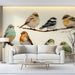 A peaceful living  room wall decorated with bird illustrations, providing a quiet and nature-inspired backdrop for focus.
