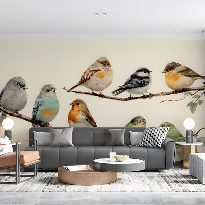 A cozy living room featuring a bird-themed wall mural that creates a gentle and calming environment for infants.