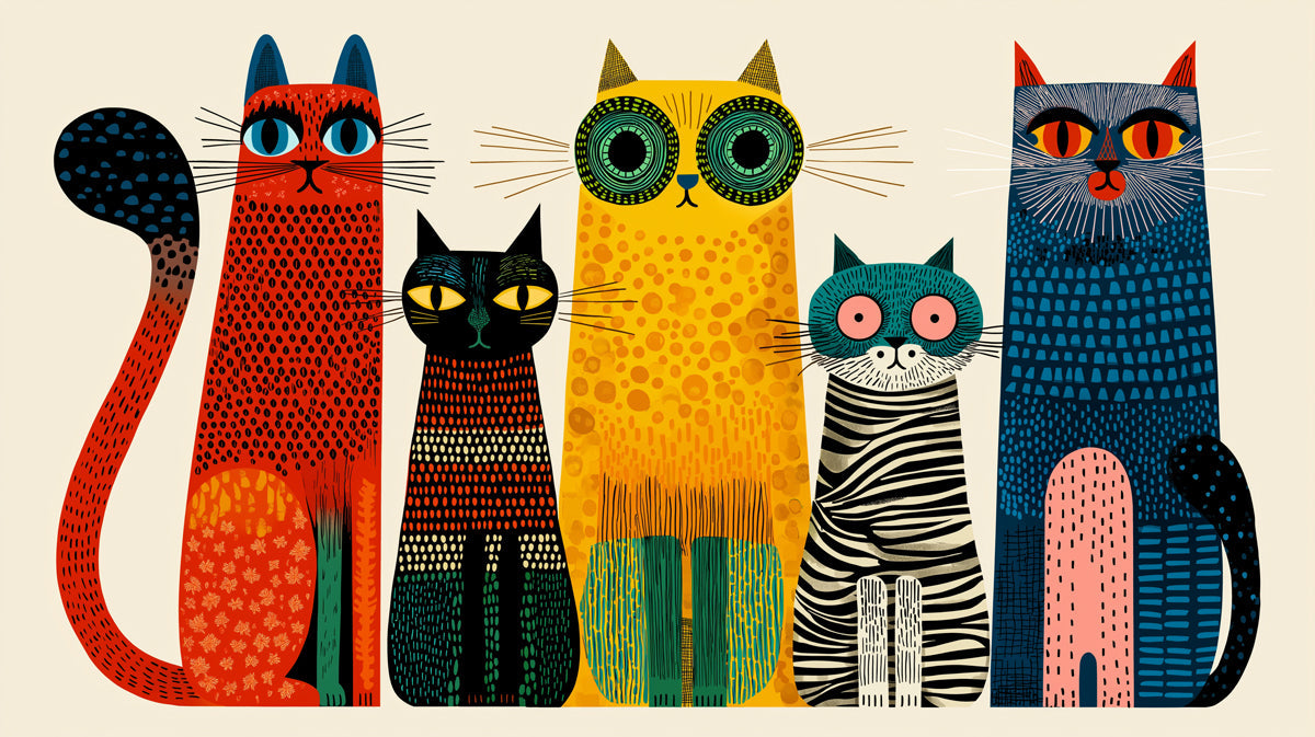 A whimsical pattern featuring five stylized cats in vermilion, ochre, and blue on a cream background.