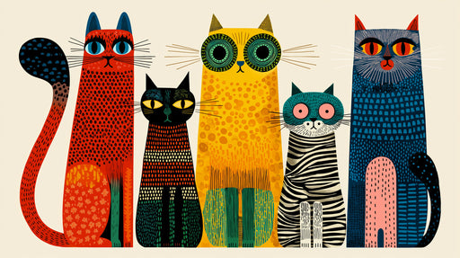 A whimsical pattern featuring five stylized cats in vermilion, ochre, and blue on a cream background.