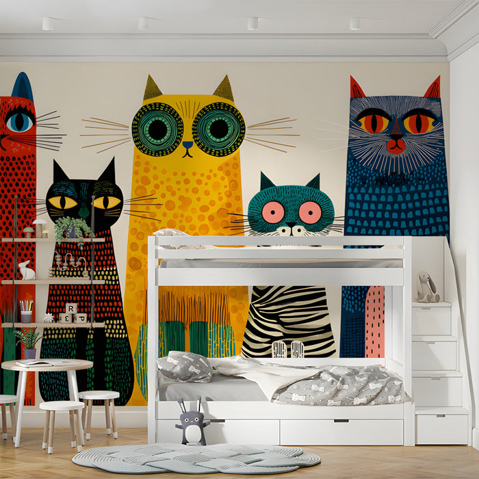 A creative kid's bedroom decorated with a fun cat illustration wallpaper.