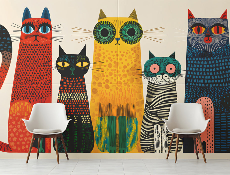 The cat wallpaper installed in a colorful child's entryway with wooden furniture.