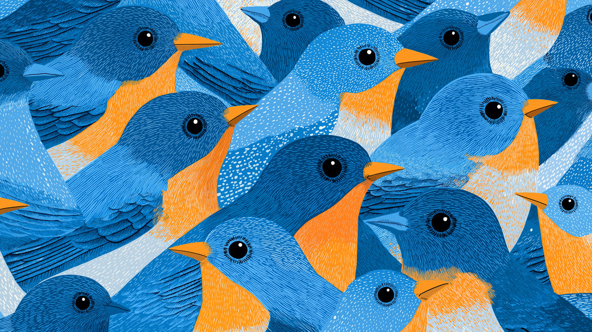 A graphic pattern of stylized bluebirds with ochre chests and blue feathers on a white background
