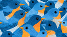 A graphic pattern of stylized bluebirds with ochre chests and blue feathers on a white background